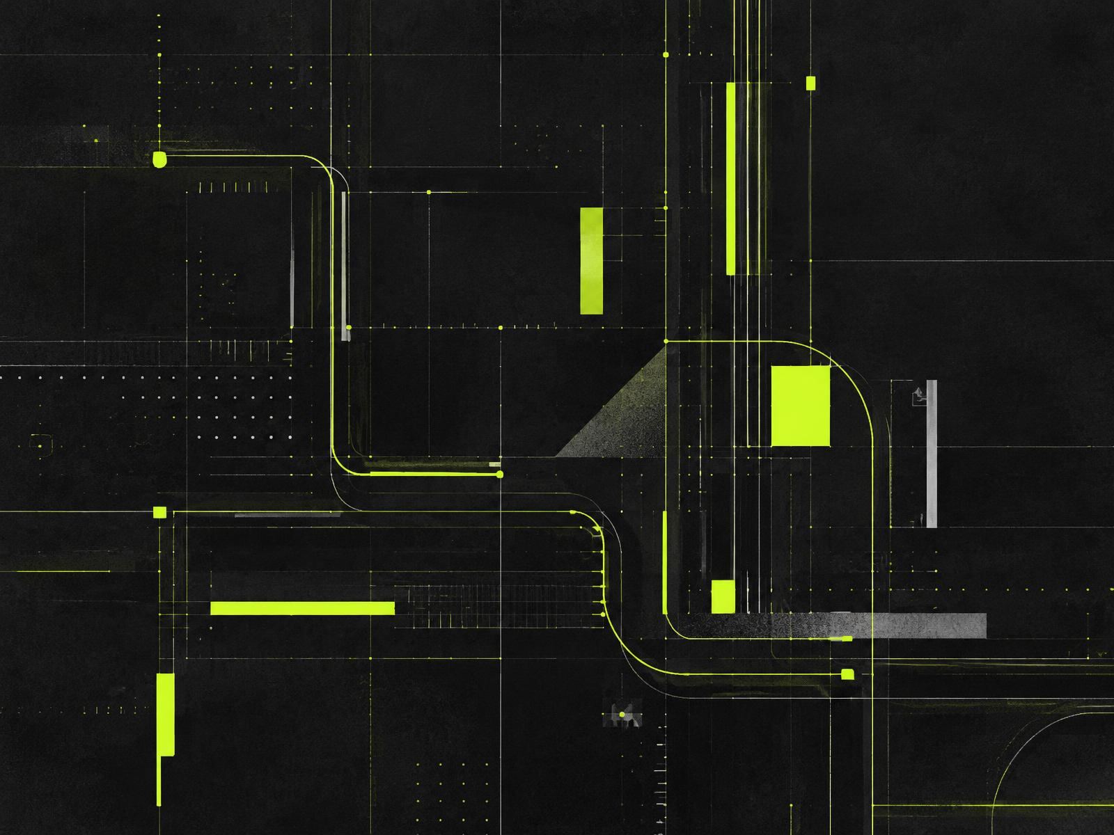 Abstract graphite circuit pattern with lime geometric shapes