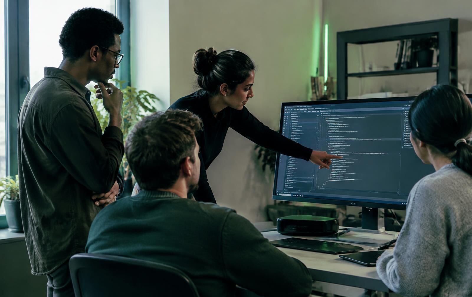Team of engineers collaborating at a workstation